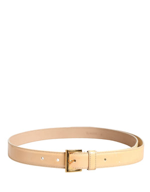 Beige Leather Logo Waist Women Gold Metal Buckle Belt