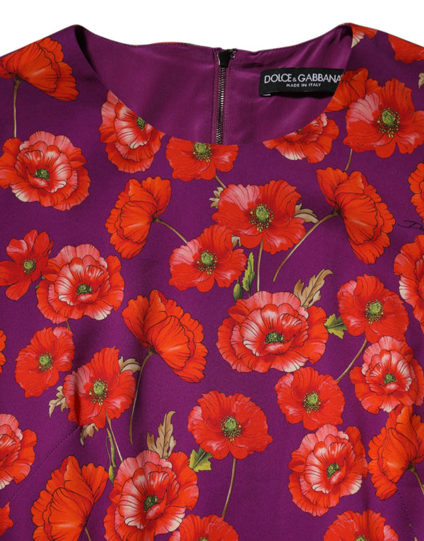 Purple Silk Floral Print Midi Sheath Dress
