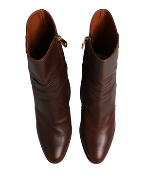 Brown Leather Heels Mid Calf Boots Shoes
