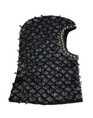Black Wool Crystal Embellished Balaclava Hat