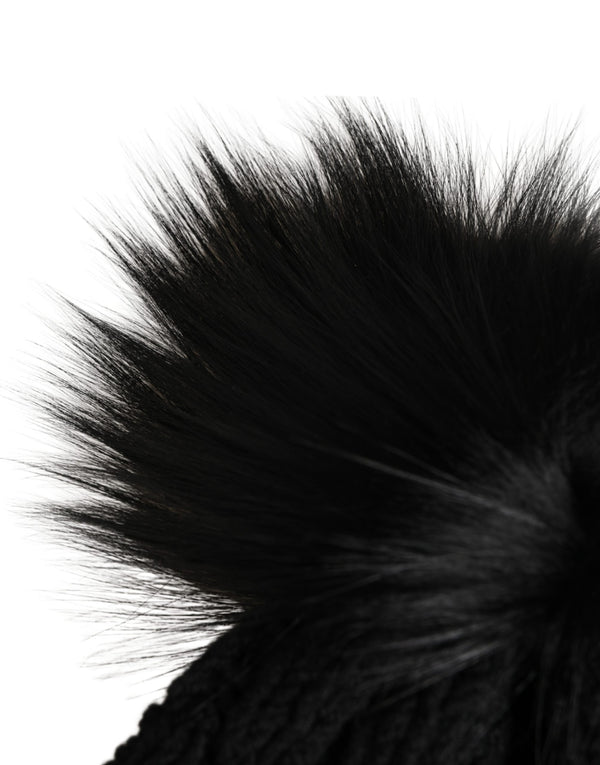 Black Acrylic Knitted Fur Winter Beanie