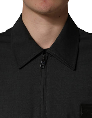 Black Wool Logo Full Zip Men Bomber Jacket