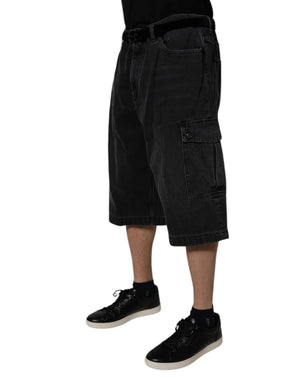 Black Mid Waist Denim Cargo Bermuda  Shorts