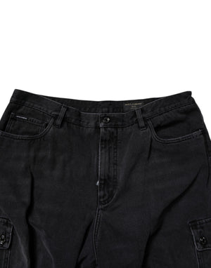Black Mid Waist Denim Cargo Bermuda  Shorts