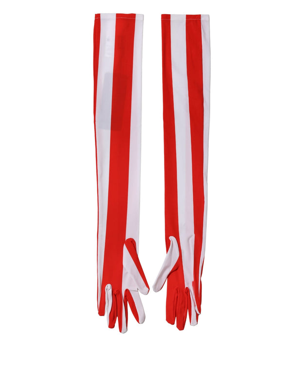 Red White Stripes Nylon Elbow Length Women Gloves