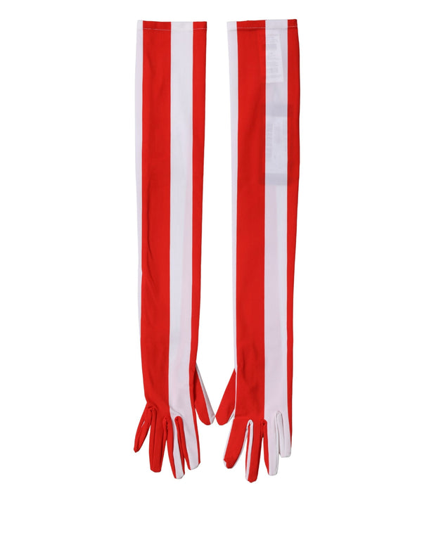 Red White Stripes Nylon Elbow Length Women Gloves