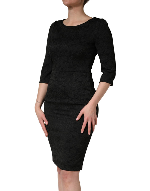Black Floral Brocade Sheath Knee Length Dress