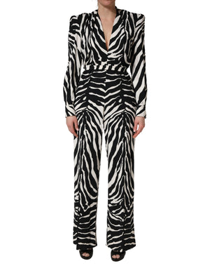 Black White Viscose Zebra Pattern Jumpsuit