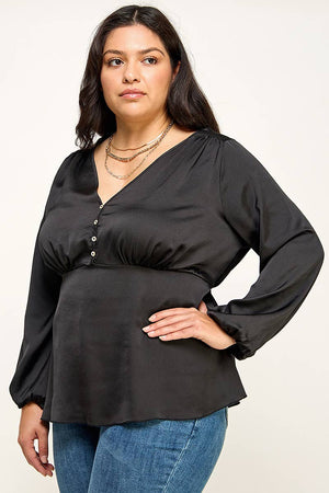 Plus size Black Satin Babydoll Blouse KY18250-T