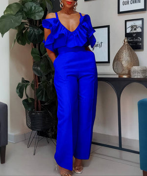 Stylish V-Neck Ruffled Halter Top High-Waisted Pantsuit Fun