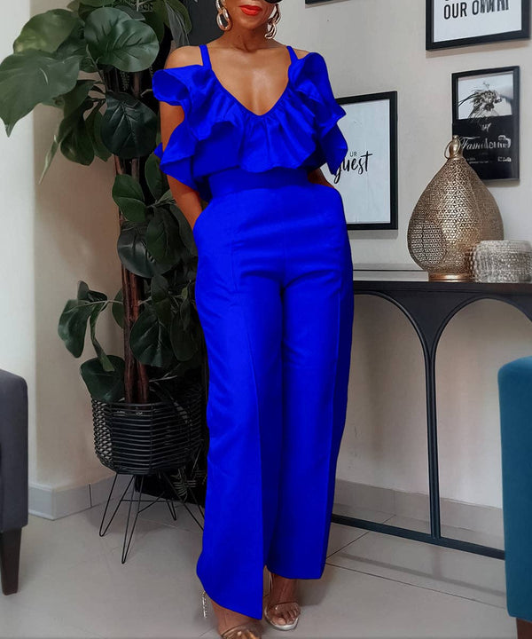 Stylish V-Neck Ruffled Halter Top High-Waisted Pantsuit Fun