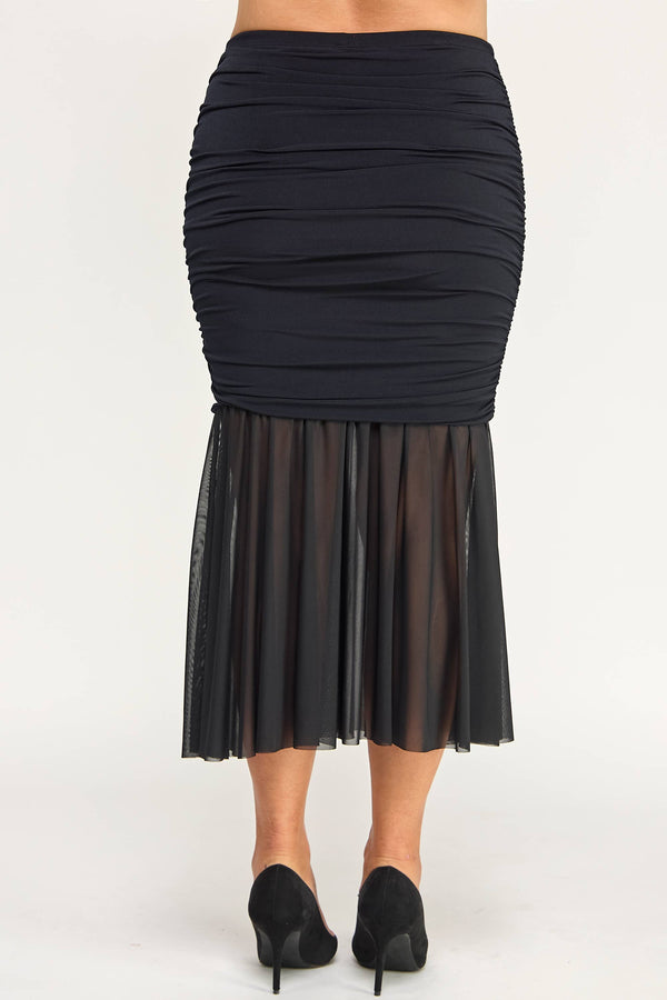 Ruched Mesh Mermaid Midi Skirt