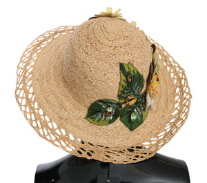 Beige Wide Brim Floral Bucket Capello Hat