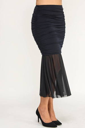 Ruched Mesh Mermaid Midi Skirt