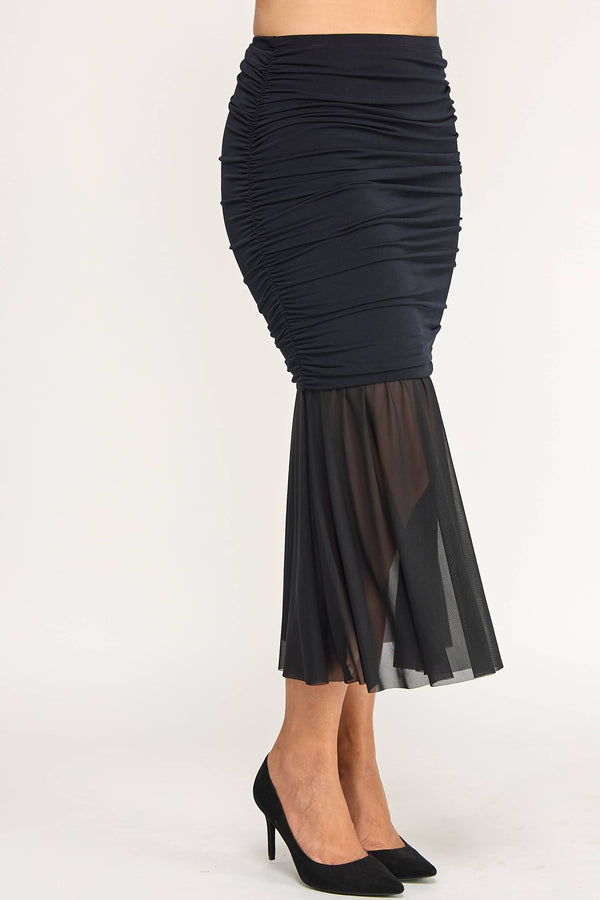 Ruched Mesh Mermaid Midi Skirt