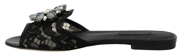 Black Taormina Lace Slides Crystals Flats Shoes