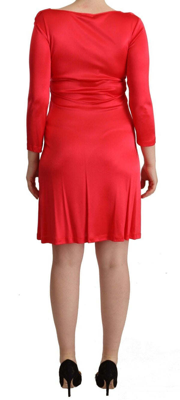 Red Viscose 3/4 Sleeves Deep Round Neck Sheath Dress