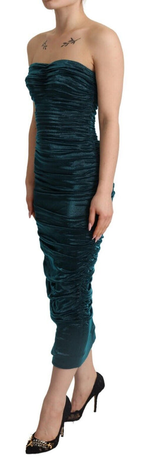 Turquoise Bustier Bodice Draped Midi Dress.