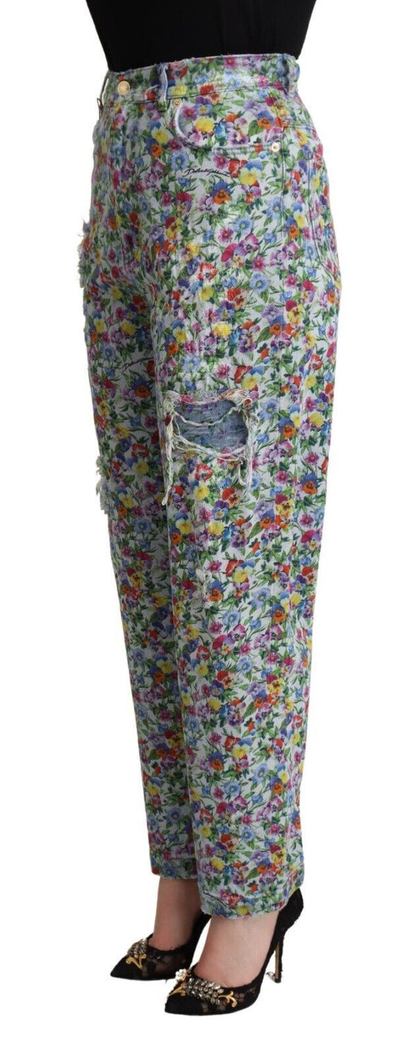 Blue Floral Print High Waist Denim Tapered Jeans