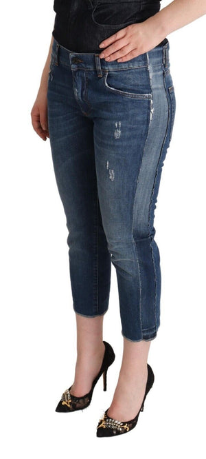 Blue Washed Mid Waist Denim Logo Cropped Jeans