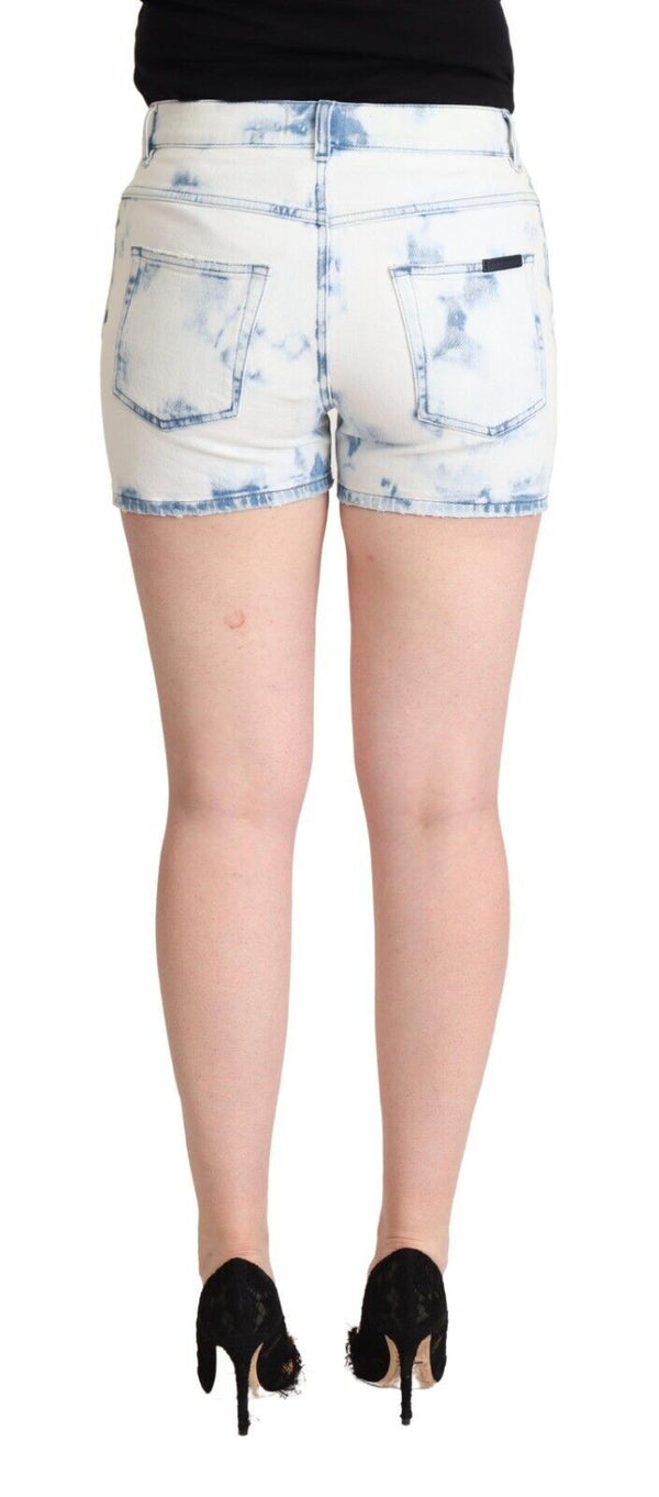 White Blue Dye Cotton Mid Waist Denim Shorts