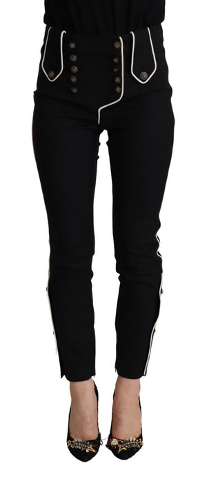 Black Mid Waist Button Embellished Slim Fit Pants
