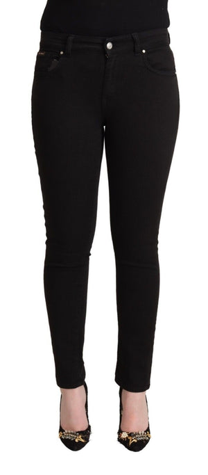 Black Cotton Mid Waist Denim Slim Fit Jeans