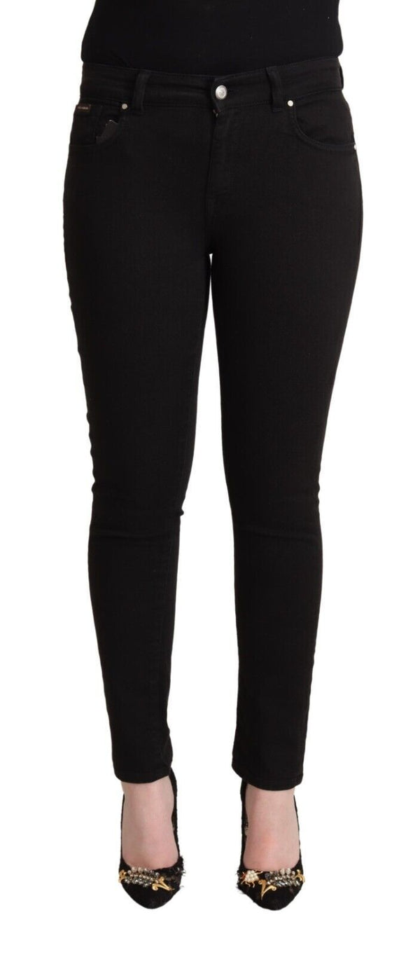 Black Cotton Mid Waist Denim Slim Fit Jeans