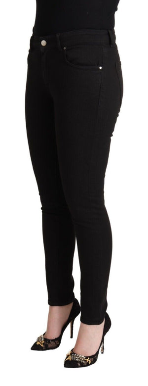 Black Cotton Mid Waist Denim Slim Fit Jeans
