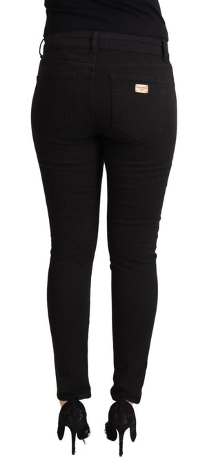 Black Cotton Mid Waist Denim Slim Fit Jeans