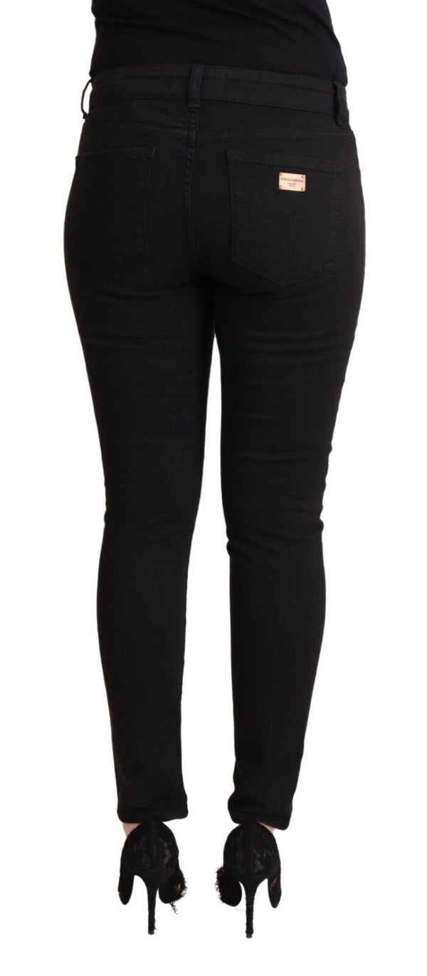 Black Cotton Mid Waist Denim Slim Fit Jeans