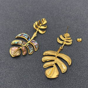 Gold Abalone Monstera Leaf Statement Earrings