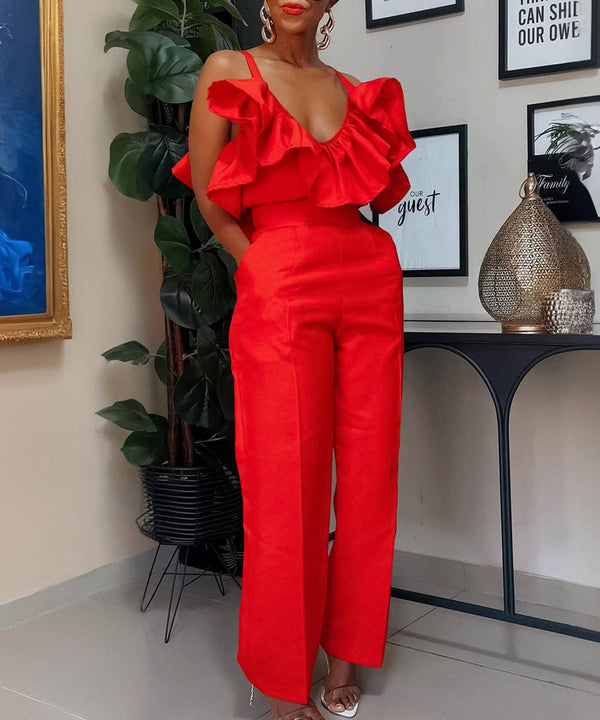 Stylish V-Neck Ruffled Halter Top High-Waisted Pantsuit Fun