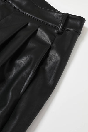 Faux Leather Pleated Wide-Leg Trousers