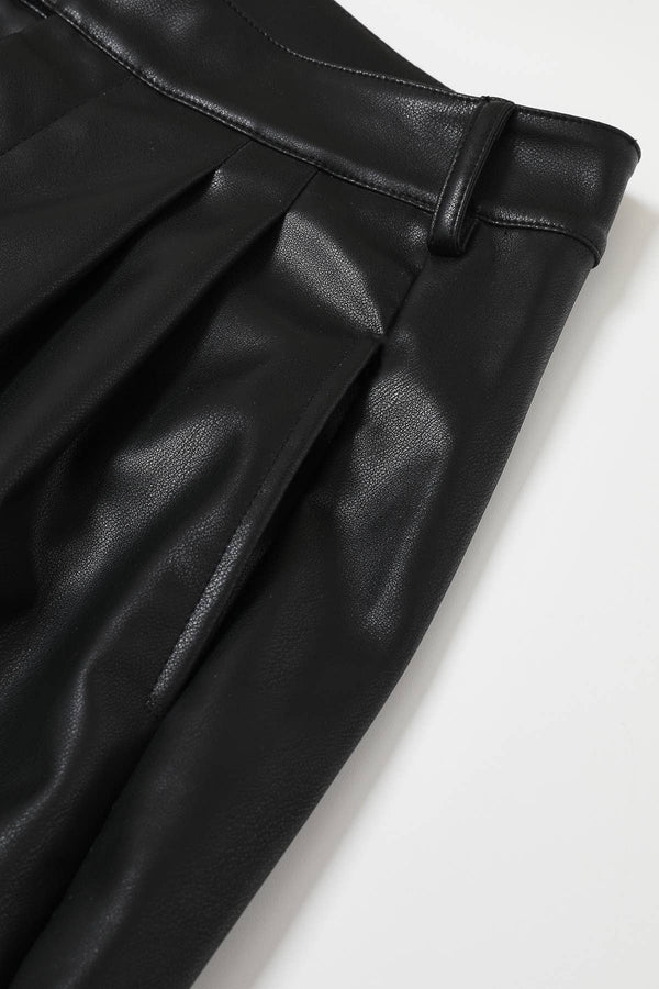 Faux Leather Pleated Wide-Leg Trousers