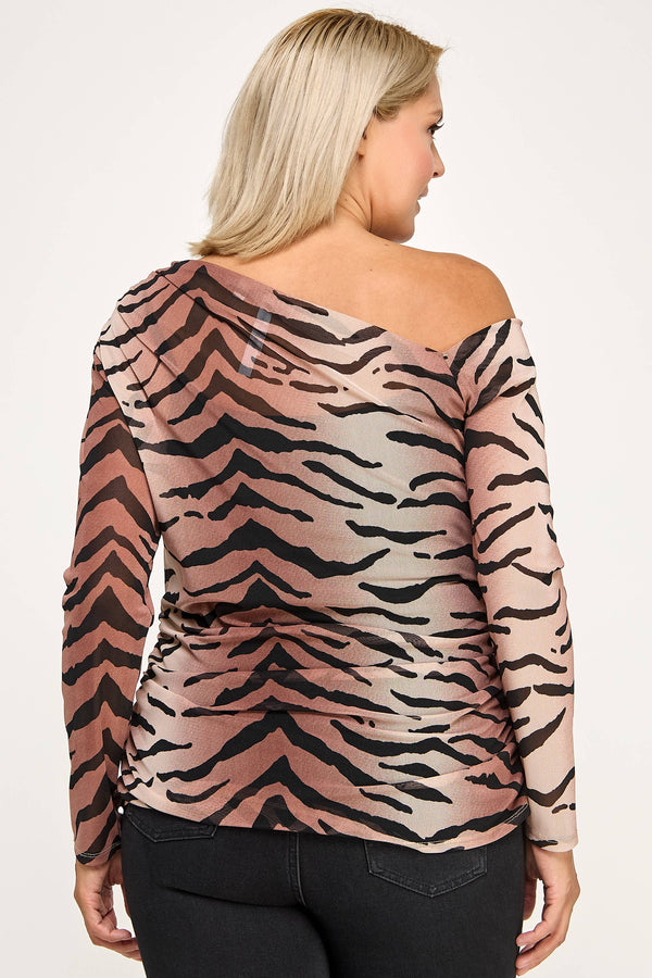 Ruched Zebra Print Off-Shoulder Top