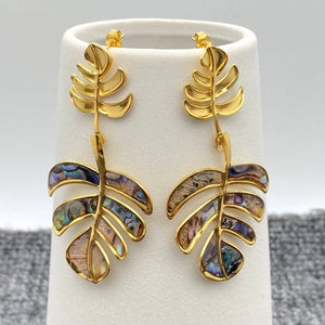 Gold Abalone Monstera Leaf Statement Earrings