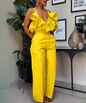 Stylish V-Neck Ruffled Halter Top High-Waisted Pantsuit Fun