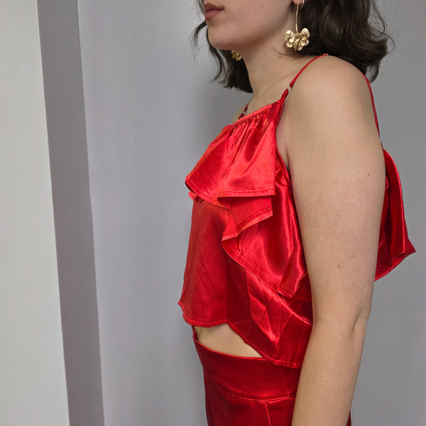 Satin Ruffle Cami & Straight-Leg Pants Set