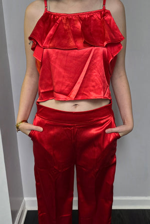 Satin Ruffle Cami & Straight-Leg Pants Set