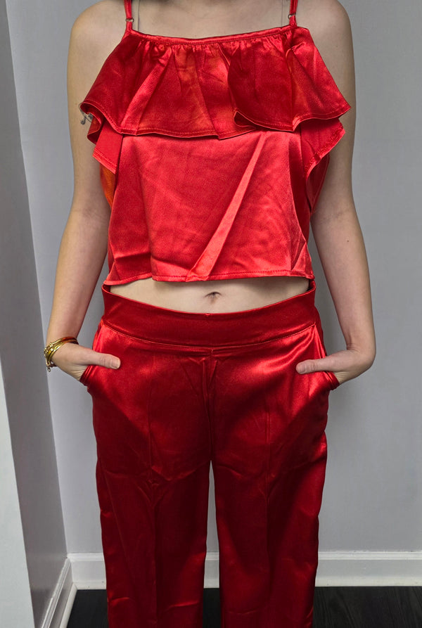 Satin Ruffle Cami & Straight-Leg Pants Set