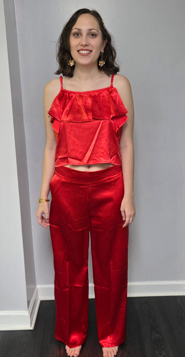 Satin Ruffle Cami & Straight-Leg Pants Set