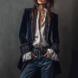 Women's Long Sleeve Solid Color Lace Velvet Jacket