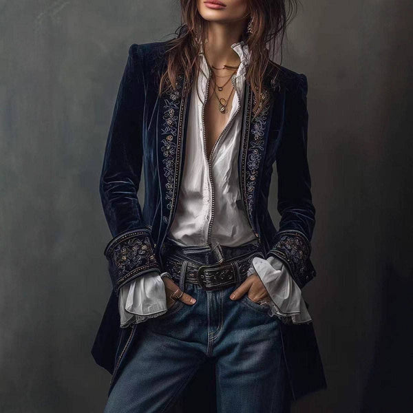 Women's Long Sleeve Solid Color Lace Velvet Jacket