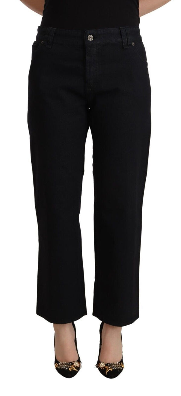 Black Cotton Flared Cropped High Waist Denim Jeans