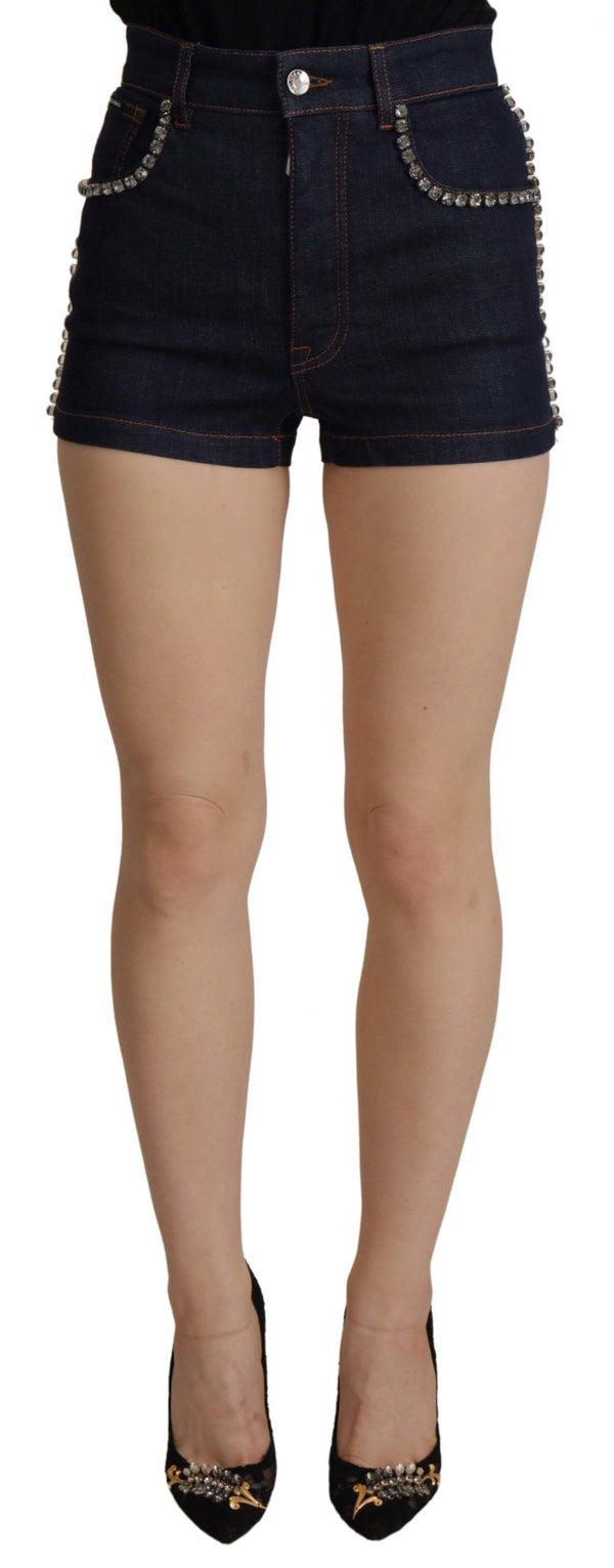 Blue Denim Stretch Crystal Hot Pants Shorts