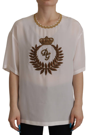 White Silk Gold DG Crown Crystal Blouse Top