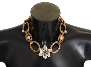 Gold White Lily Floral Chain Statement Necklace