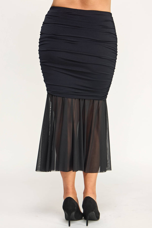 Ruched Mesh Mermaid Midi Skirt