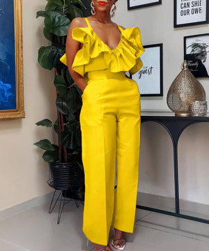 Stylish V-Neck Ruffled Halter Top High-Waisted Pantsuit Fun